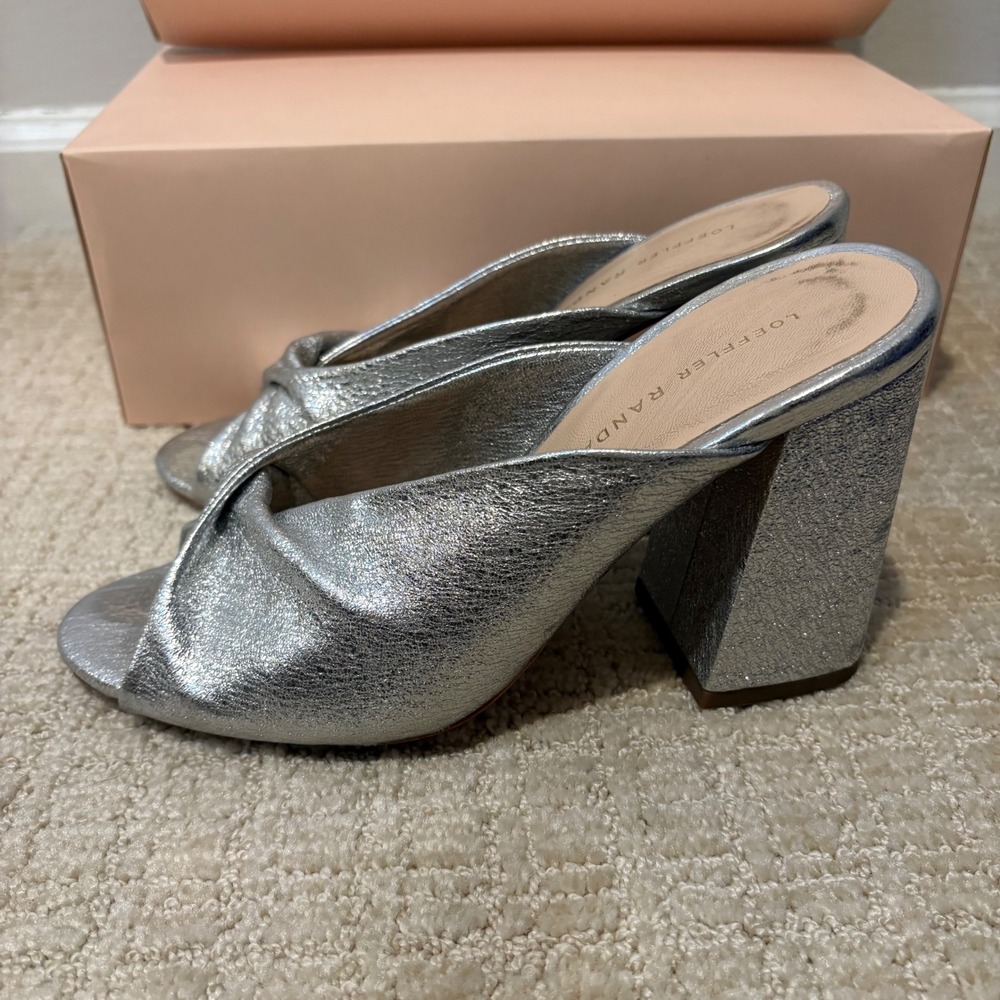 Loeffler Randall Laurel Silver Mules Metallic Knot Block Heel‎ Women's Size 6B